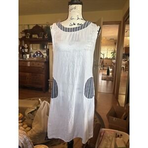 Lina Tomei White Tank Sheath Linen Beach Dress Medium Made In Italy Pockets